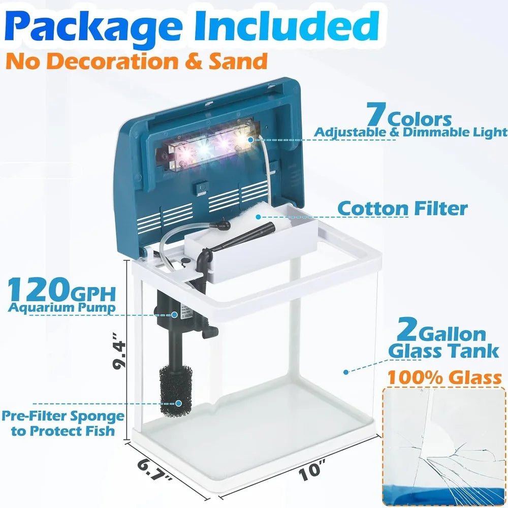 2 Gallon Glass Aquarium Starter Kit Self Cleaning