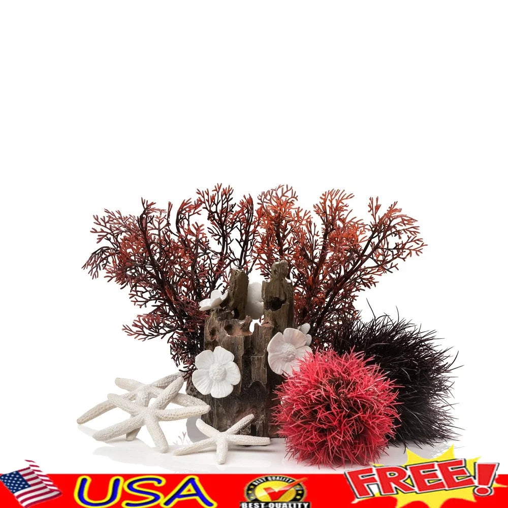 Red Forest Aquarium Decor Set with Sculpture Plants