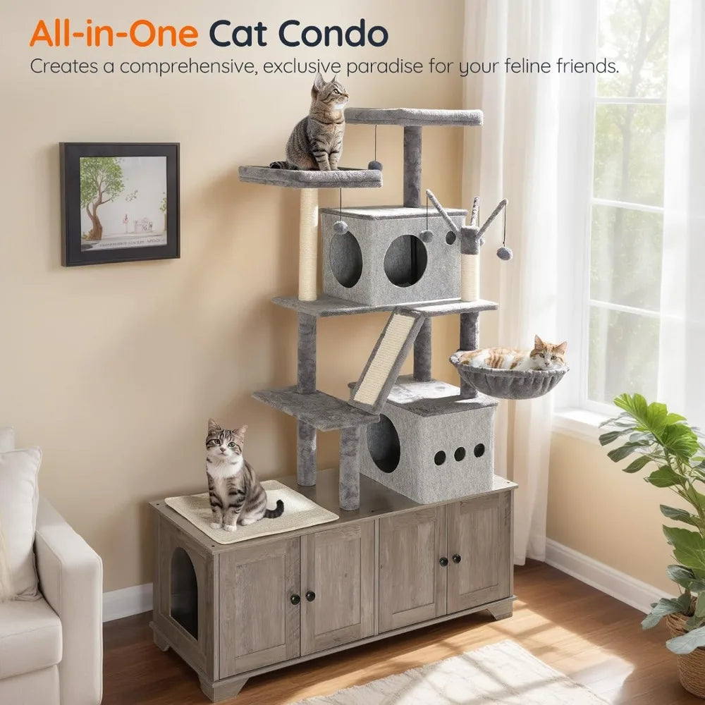 Double Litter Box Enclosure with Cat Tree.
