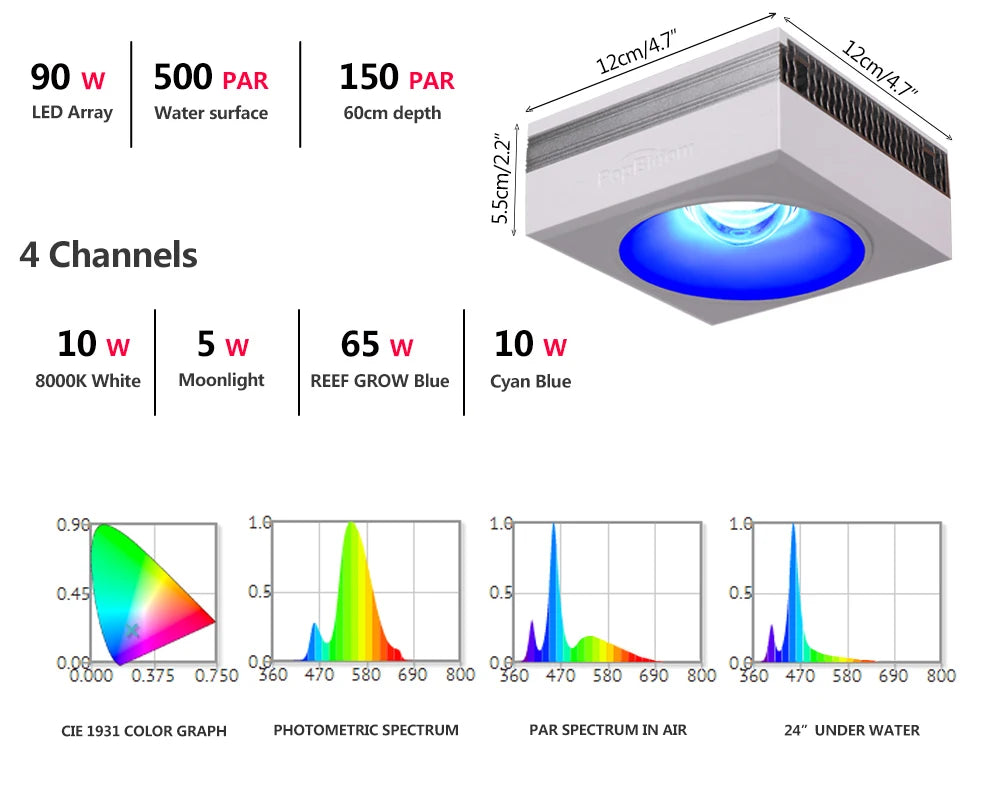 RL90 WiFi Aquarium LED Lighting 100W, Marine Tank.