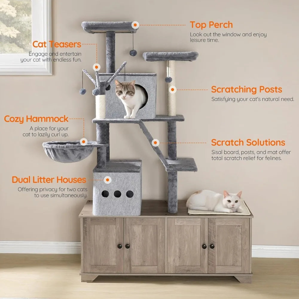 Double Litter Box Enclosure with Cat Tree.