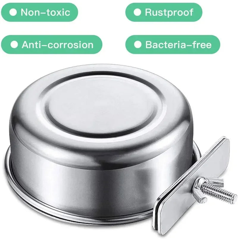 Pet Food Dish, Stainless Steel Clamp-on Water Drinker