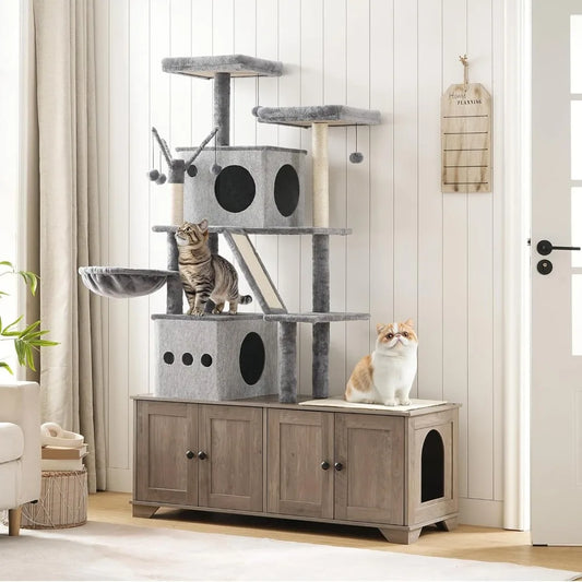 Double Litter Box Enclosure with Cat Tree.