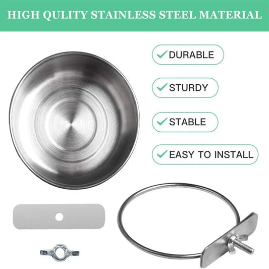 Pet Food Dish, Stainless Steel Clamp-on Water Drinker