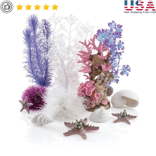 Pink Ocean Aquarium Decor Set with Seashells